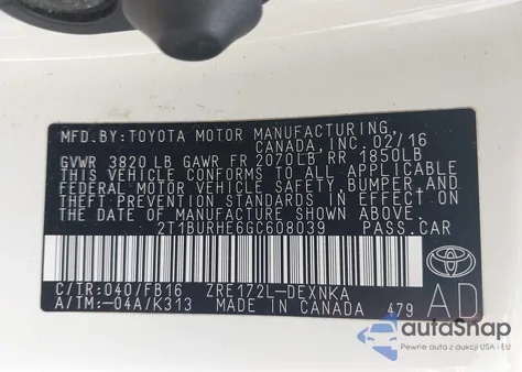 2016 Toyota Corolla Le from USA, damaged, VIN 2T1BURHE6GC608039